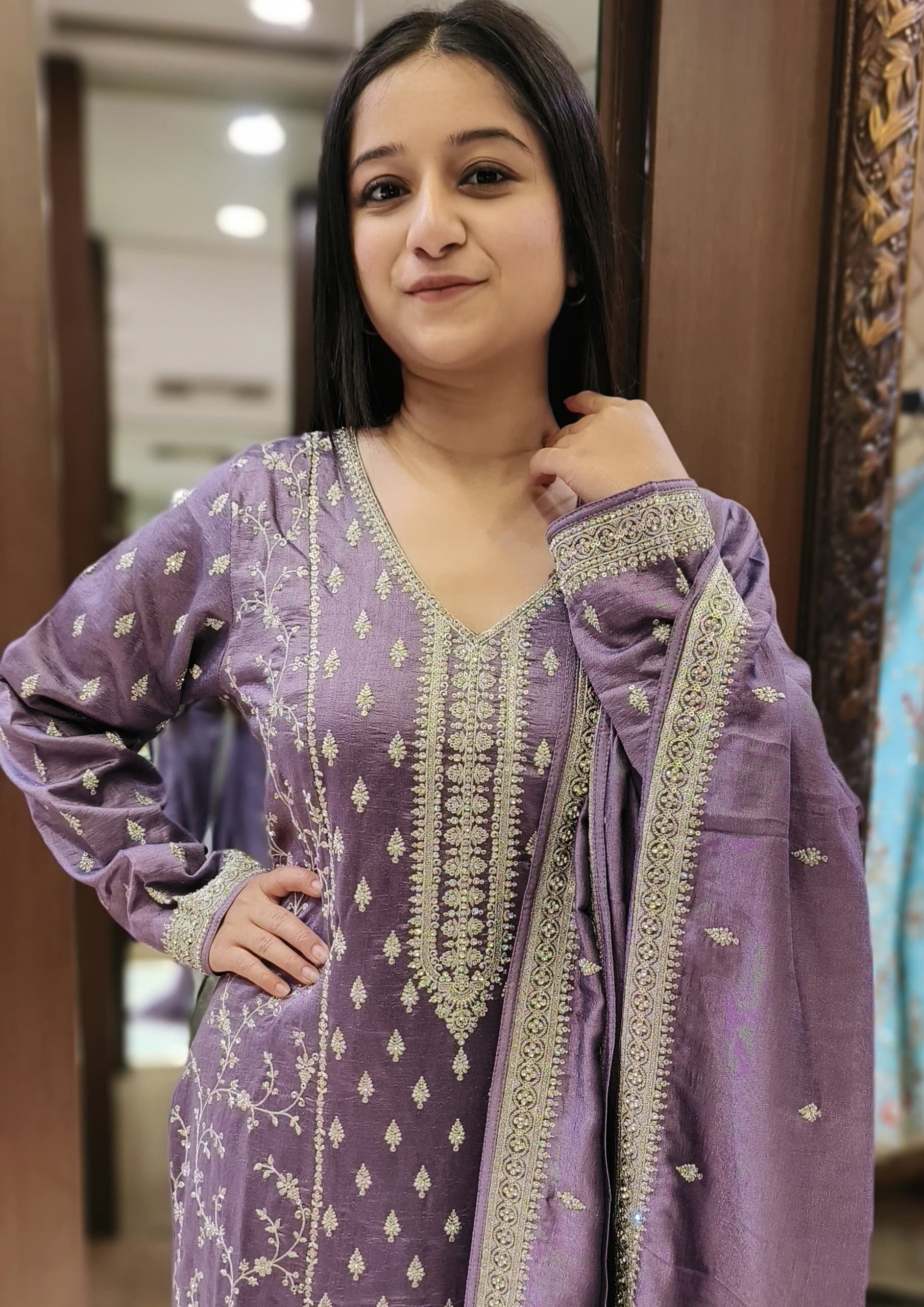 Grey Color Silk Zari Work Pakistani Style Readymade Suit